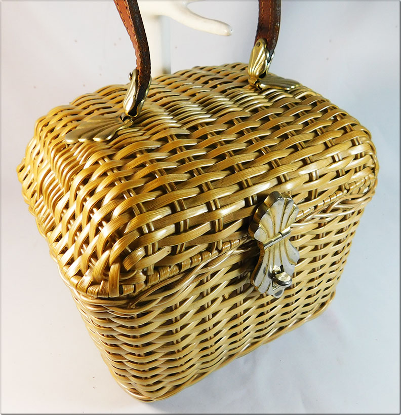 Vintage Woven Wicker Rattan Brass Purse Handbag